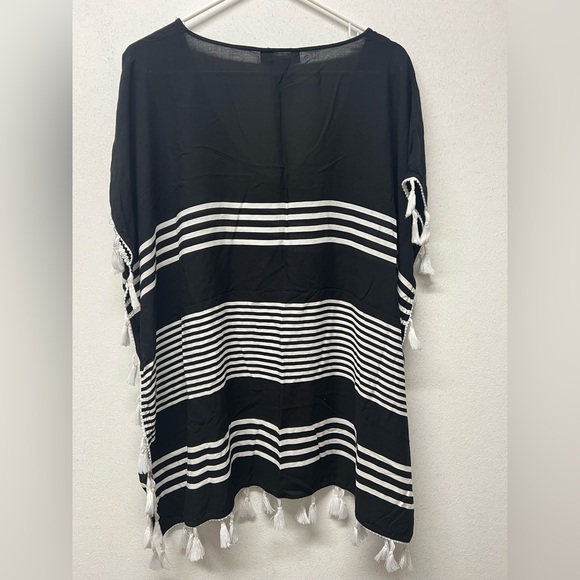 Black and White Striped Swim Coverup with Tassel Hem - Picture 4 of 8